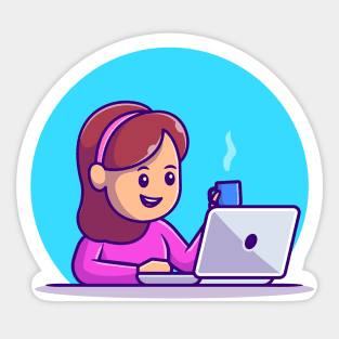 Cute Girl Working On Laptop With Cup Coffee Sticker